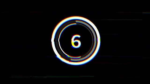 Circular 10 second countdown animation with modern glitch distortion and RGB noise on black background. Perfect for motion design and video intros. 4K video