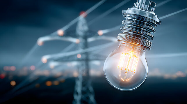 Glowing filament light bulb power transmission tower energy network electrical concept illuminated idea utility infrastructure modern electricity - Powered by Adobe