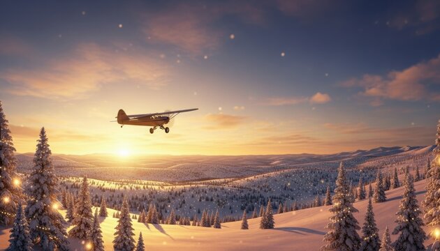 Small plane flying low over a snow-covered valley with illuminated Christmas trees at sunset