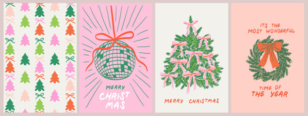 Christmas greeting cards. Elegant Xmas design in trendy retro whimsical hand drawn doodle style with bow, ribbons, frames, disco ball and decorated christmas tree. New year cute banner, poster, covers