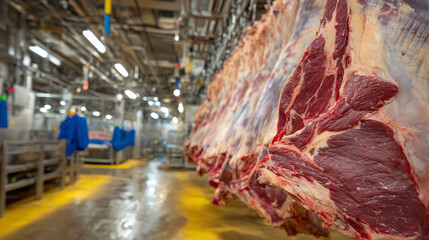Wide-angle view of industrial meat plant with rows of hanging beef carcasses, bright fluorescent illumination casting reflections on metallic rails and cold floor