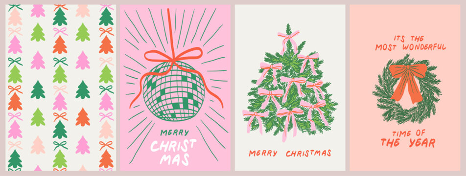 Christmas greeting cards. Elegant Xmas design in trendy retro whimsical hand drawn doodle style with bow, ribbons, frames, disco ball and decorated christmas tree. New year cute banner, poster, covers - Powered by Adobe