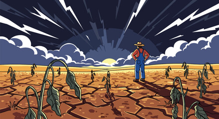 Flat vector drought scene with cracked earth and dried farmland under extreme heat. Ideal for climate change visuals, environmental studies, farming impact guides, and awareness content