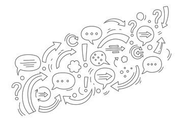 Collection of hand drawn doodle speech bubbles arrows question marks exclamation points and circular arrows representing communication ideas and questions