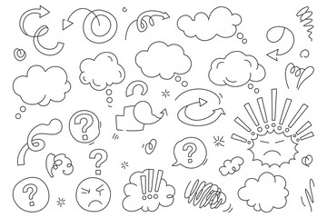 Collection of hand drawn doodle elements including thought bubbles arrows question marks and expressive faces on white background