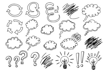 Collection of hand drawn doodle elements including thought bubbles question marks lightbulbs arrows and scribbles on white background