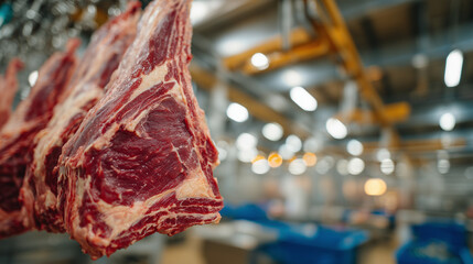 Close-up of marbled beef carcass hanging under fluorescent lighting, industrial hooks and steel rails visible, emphasizing hygiene, cold, and large-scale processing