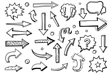 Collection of hand drawn doodle arrows and speech bubbles with symbols like question marks and exclamation points