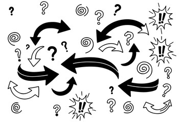 Collection of hand drawn black arrows question marks swirls and exclamation marks on white background