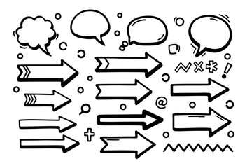 Collection of hand drawn black and white doodle elements including speech bubbles arrows and decorative symbols on a white background