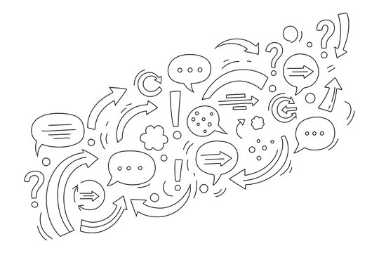Collection of hand drawn doodle speech bubbles arrows question marks exclamation points and circular arrows representing communication ideas and questions