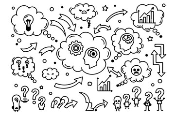 Collection of hand drawn doodle icons representing thoughts ideas problem solving and emotions in a black and white style