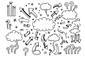 Collection of hand drawn doodle elements including question marks speech bubbles arrows and bar chart icons on a white background