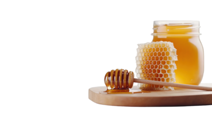 Honey Dip with Comb on Wooden Board on Transparent Background