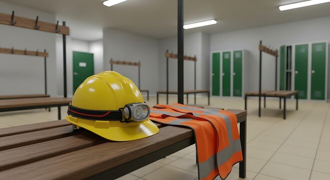 A yellow hard hat and high-visibility vest resting on a wooden bench in an empty industrial locker room, a concept of workplace safety and a completed workday