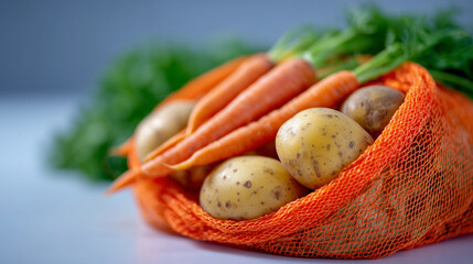 Orange mesh bag holding mixed vegetables, including potatoes and carrots, placed on bright white surface, soft shadows adding depth and texture
