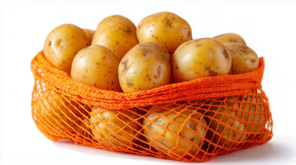 Top-down view of orange mesh bag with potatoes, white background, warm light highlighting round shapes and subtle earthy textures of the vegetables