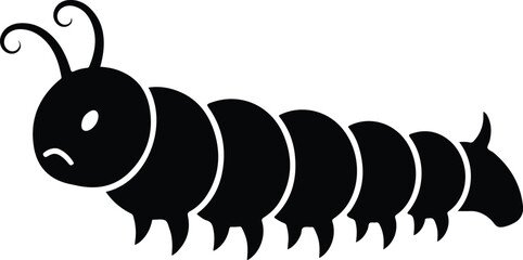 Black and white illustration of a caterpillar with a sad face and curly antennae.