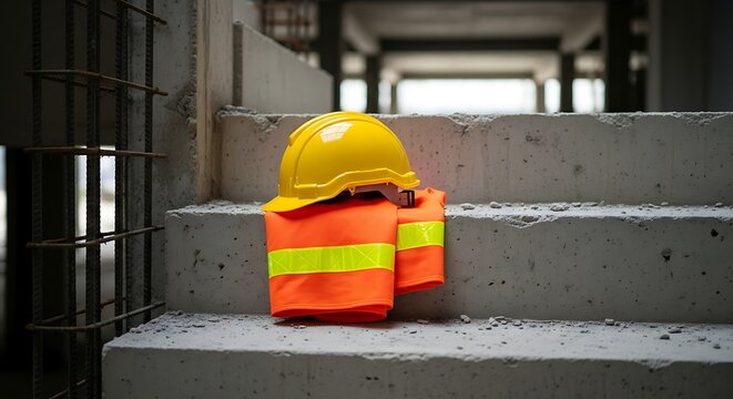 End of the workday at a construction site with a yellow hard hat and orange safety vest left on concrete stairs
