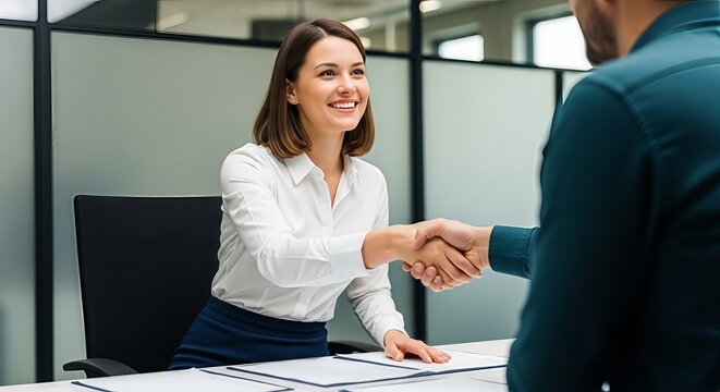 Smiling businesswoman sealing deal with handshake during successful meeting
