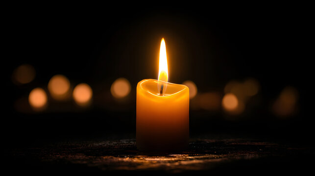 Candle flame glowing in darkness, warm orange light, wax cylinder, soft bokeh background, serene mood