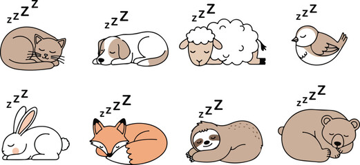 Obraz premium Collection of cute sleeping animals including a cat dog sheep bird rabbit fox sloth and bear.