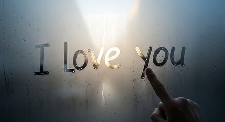 Finger drawing i love you on a steamy window with condensation creating a romantic message of affection and love on a rainy day expressing feelings
