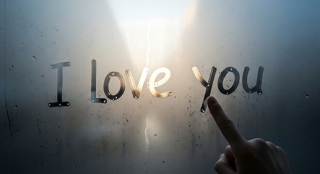 Finger drawing i love you on a steamy window with condensation creating a romantic message of affection and love on a rainy day expressing feelings