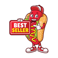 vector cartoon, character, and mascot of a hotdog wearing red hat holding BEST SELLER signboard.eps