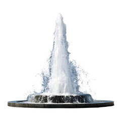 A dynamic water fountain sprays a powerful upward jet isolated on a clean white background
