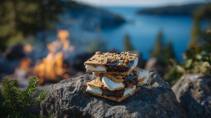 Rustic sâmores pile on rugged stones by campfire, smoke curling from embers, serene lake and forest in background, soft natural light enhancing cozy, outdoor camping vibe