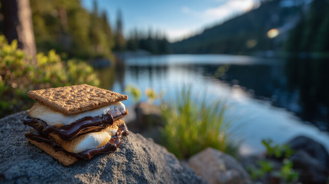 Artistic close-up of stacked sâmores on rocky shoreline, background of calm lake and evergreen forest, warm sun rays emphasizing melted chocolate and toasted marshmallow textures - Powered by Adobe