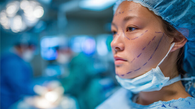 Side view of woman with surgical markings on face, surgeon in gloves using marker, bright clinical lighting, medical equipment softly blurred in background, preparing for procedure