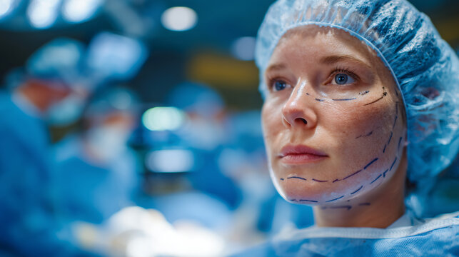 Side view of woman with surgical markings on face, surgeon in gloves using marker, bright clinical lighting, medical equipment softly blurred in background, preparing for procedure
