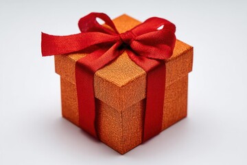 Obraz premium A festive orange gift box tied with a bright red ribbon and bow ready for a special occasion