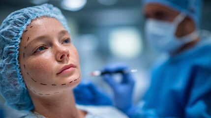 Side profile of woman with preoperative facial markings, surgeon holding marker in gloved hand, modern clinic interior softly blurred, emphasizing cosmetic procedure preparation
