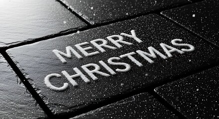 Fototapeta premium Festive merry christmas message spelled out in white sugar on dark slate tiles creating a seasonal holiday greeting card or banner with a minimalist aesthetic