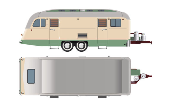 Isolated mobile house. Top and side views of the trailer. Family van for country living. Modern campervan drawing. Vintage portable wagon for holidays