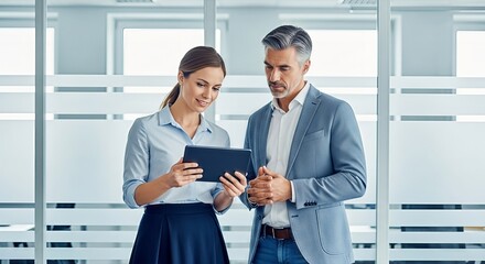 Professional collaboration shown by colleagues reviewing data on a digital tablet device