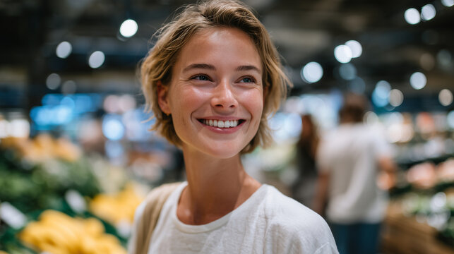 Medium shot of woman carrying grocery bag, smiling, surrounded by busy supermarket aisle with colorful packaging and fresh produce, natural interactions of shoppers in soft focus