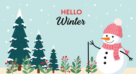 Cheerful snowman wearing a pink hat and scarf in winter season.