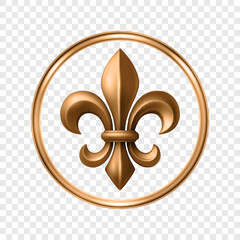 Vector 3d Golden Fleur De Lis Symbol in Round Frame. Elegant Royal Emblem. Classic French Heraldic Icon. Luxury Fleur De Lis Sign. Logo Design, Badge, Noble Decoration, Vintage Ornament
