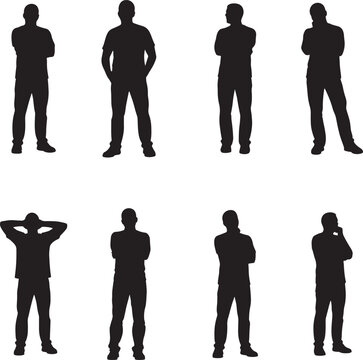 Casual Man Standing Thinking Daydreaming Silhouette Vector Set
