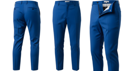 Three views of bright blue tailored dress pants with a zipper and button closure isolated on a transparent background