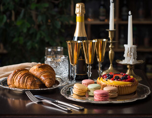 Elegant French Pastry Still Life with Croissants, Macarons, Fruit Tart and Champagne