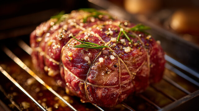 Beef roast tied with butcherâs twine on rack, seasoned evenly with salt and pepper, warm natural light illuminating juicy meat texture, subtle reflection on roasting pan