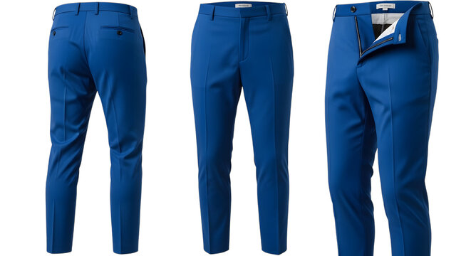 Three views of bright blue tailored dress pants with a zipper and button closure isolated on a transparent background