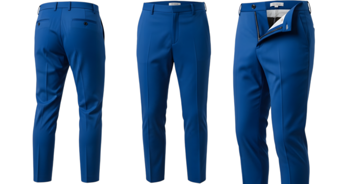 Three views of bright blue tailored dress pants with a zipper and button closure isolated on a transparent background