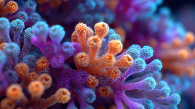 Close-up of vibrant coral reef structures, with multiple colors, tiny polyps and blurred background
