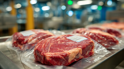 Close-up of vacuum-sealed beef steaks on stainless steel table, labels visible, fluorescent lights above highlighting rich red meat tones and shiny packaging, industrial food plant